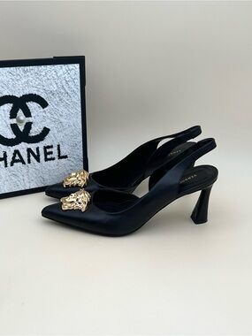 Versace Black Slingback Heels with Gold Medusa Accent